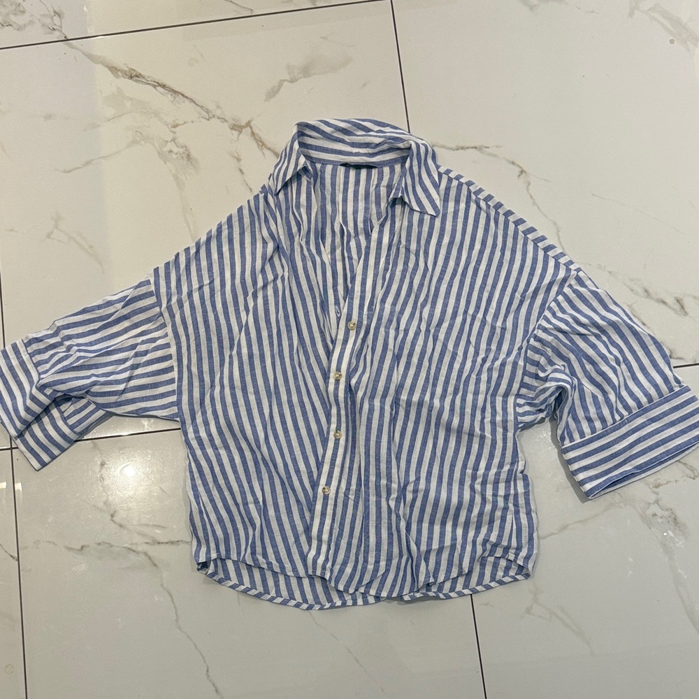 Zara Blue and White Striped Blouse